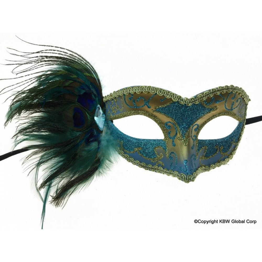 Mask w/Side Peacock Feather - Light Blue
