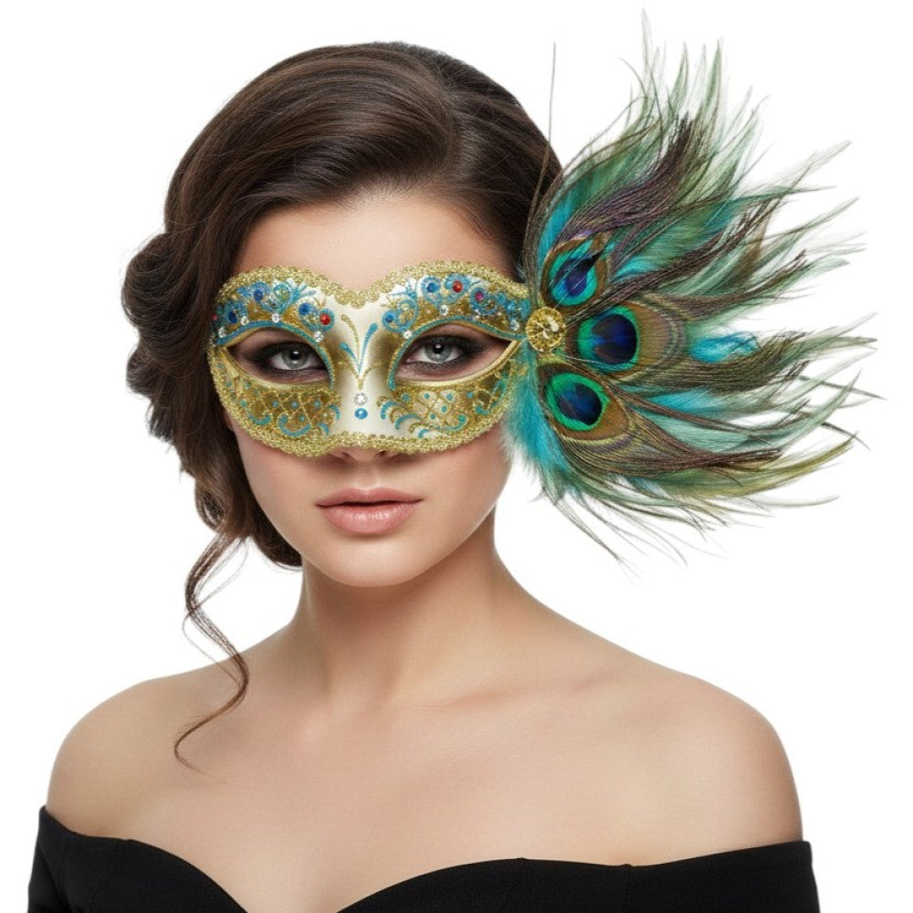 Masquerade Mask w/ Peacock Feathers: Gold