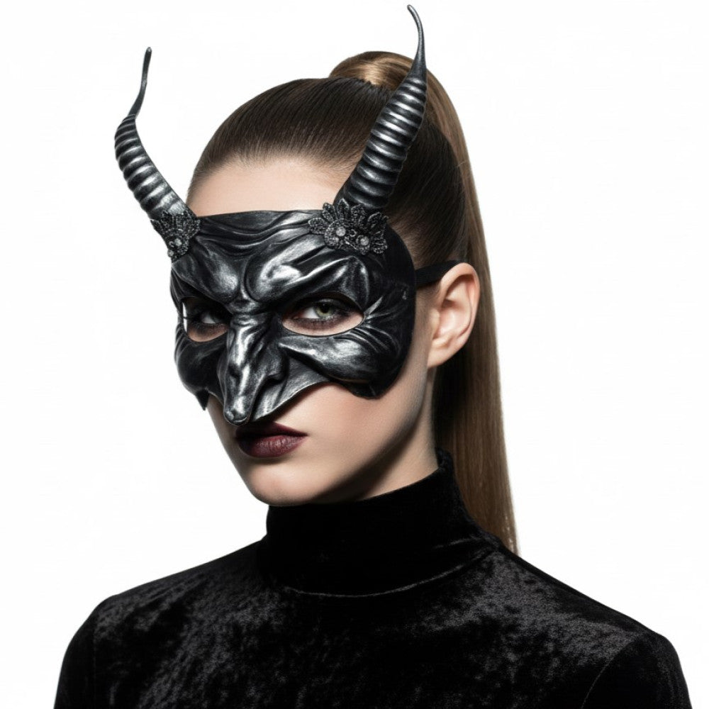Metallic Horned Devil Mask - Silver