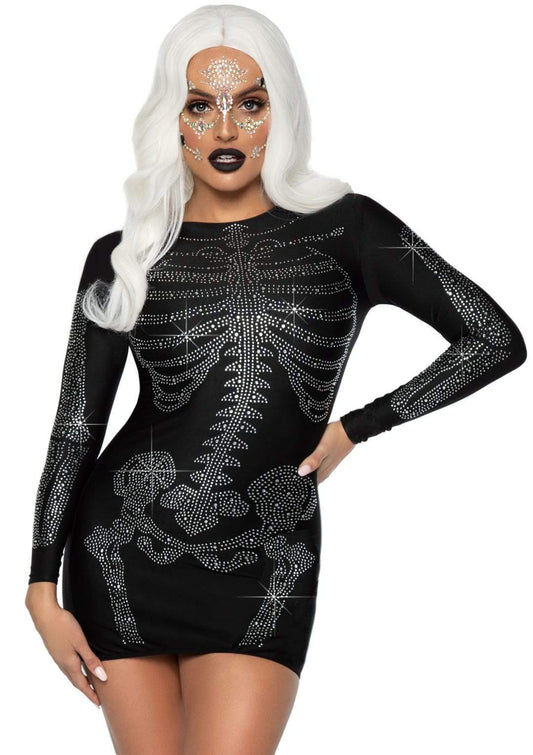 Spandex Rhinestone Skeleton Dress: Black