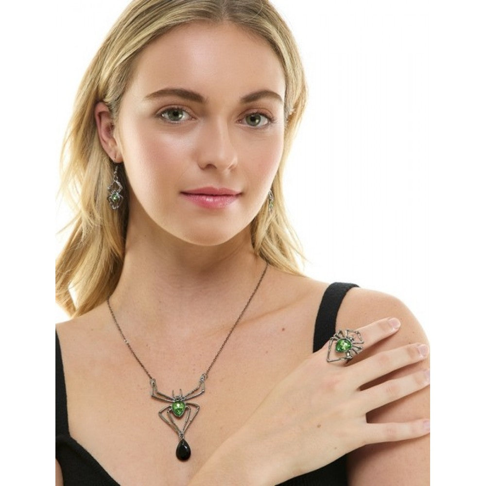 Silver Spider Necklace W/ Green & Black Gems