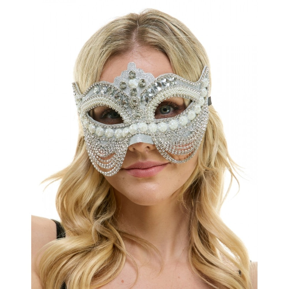 Silver Jeweled Mask w/ Pearls & Chains