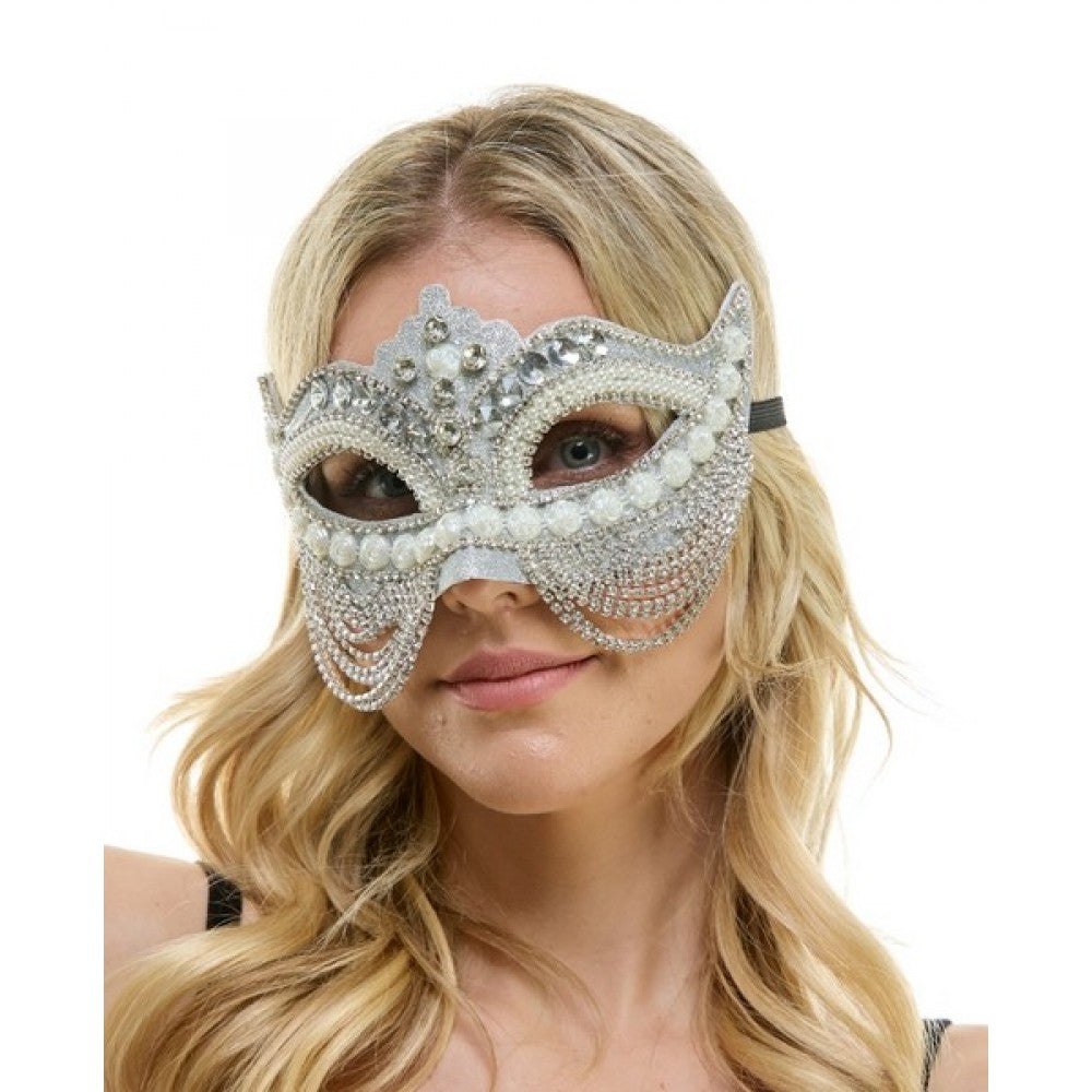 Silver Jeweled Mask w/ Pearls & Chains