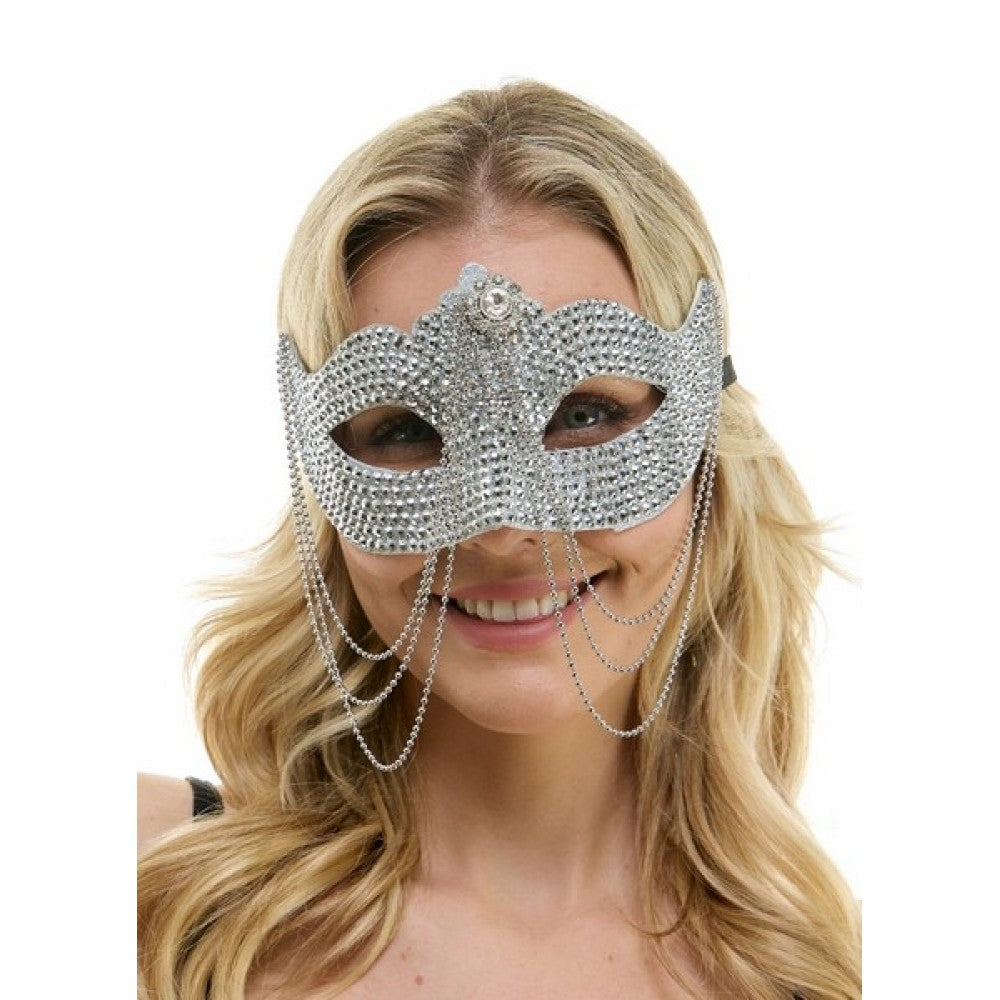 Silver Rhinestone Half Mask w/ Chain
