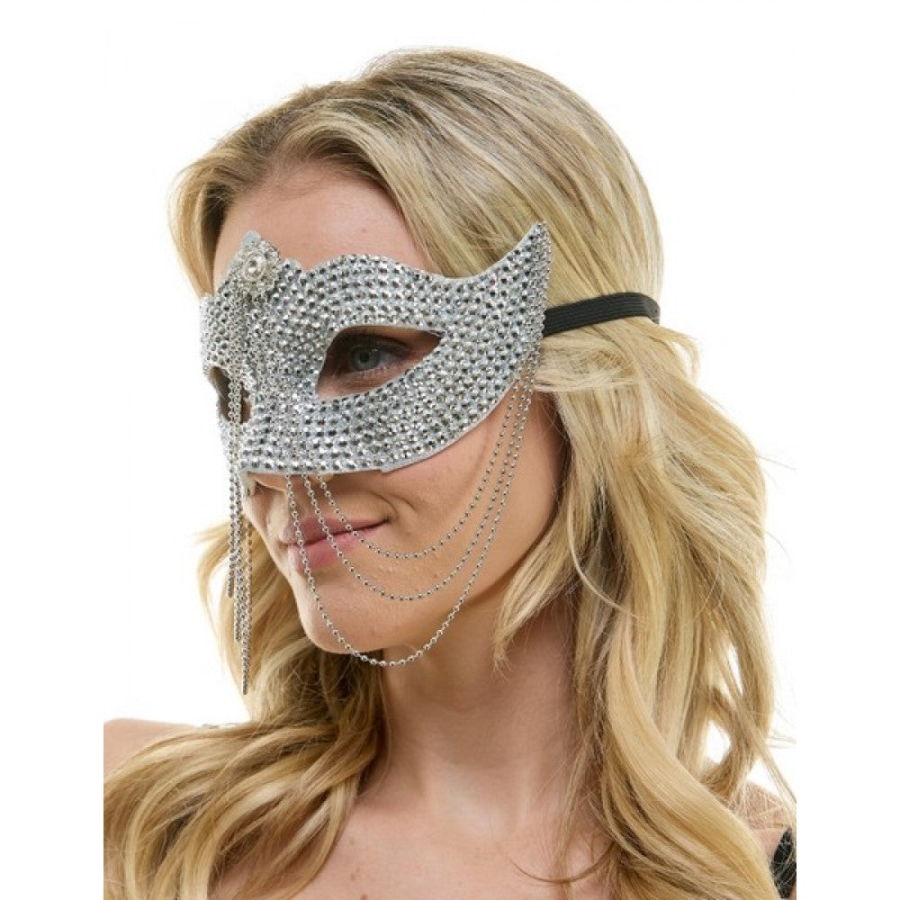 Silver Rhinestone Half Mask w/ Chain