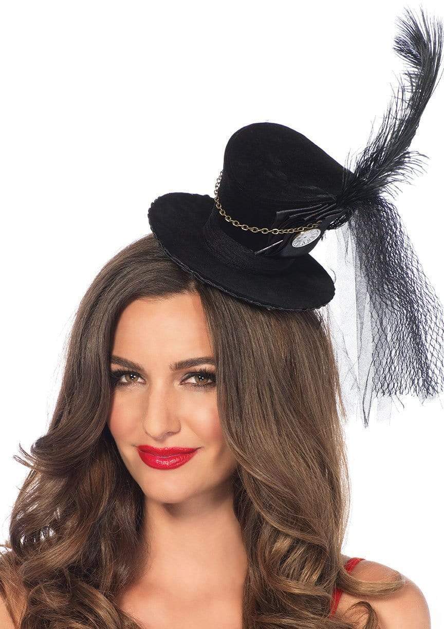Steampunk velvet top hat with chain and feather accent O/S BLACK