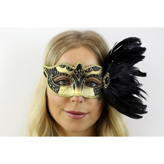 Venetian Mask w/ Feathers - Black