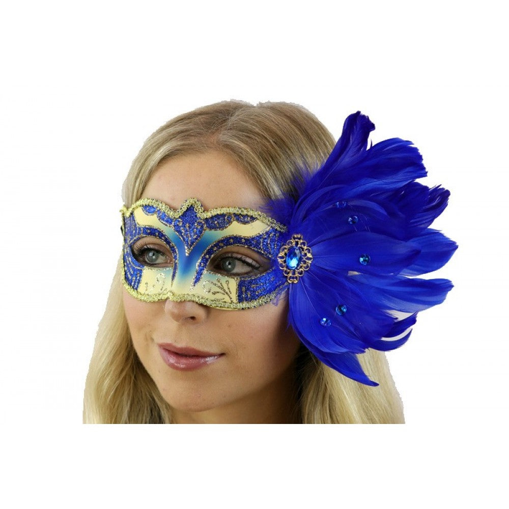 Venetian Mask w/ Feathers - Blue