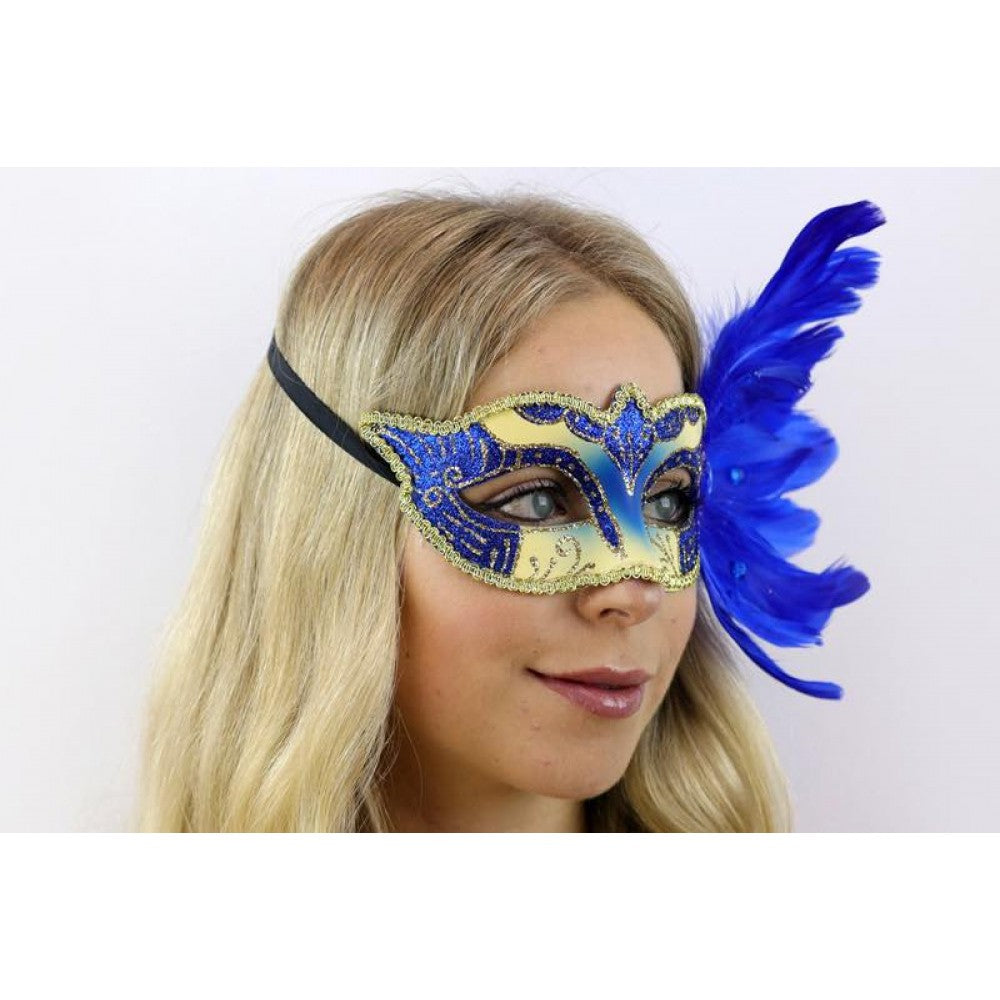 Venetian Mask w/ Feathers - Blue