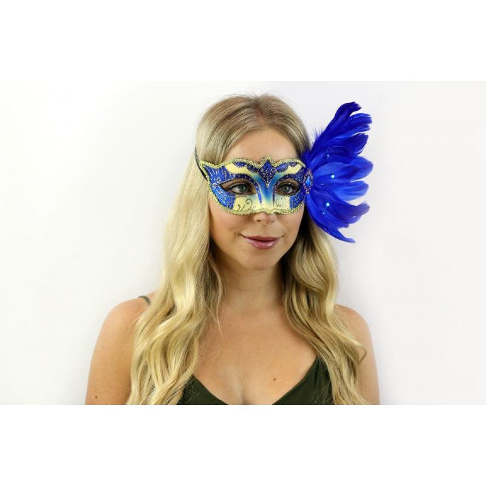 Venetian Mask w/ Feathers - Blue