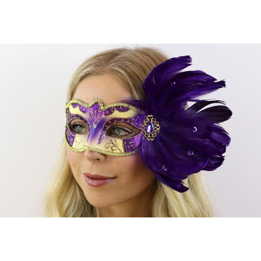 Venetian Mask w/ Feathers - Purple