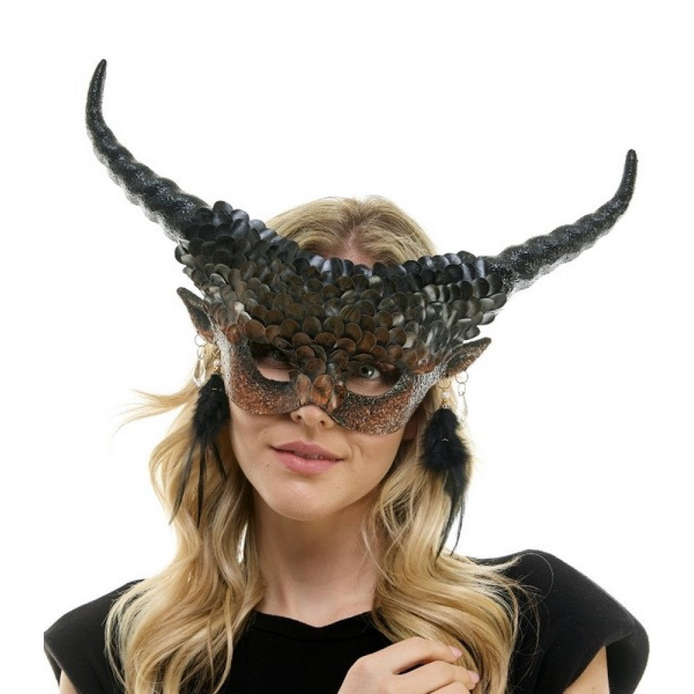 Voodoo Mask w/ Antlers & Brown Feather
