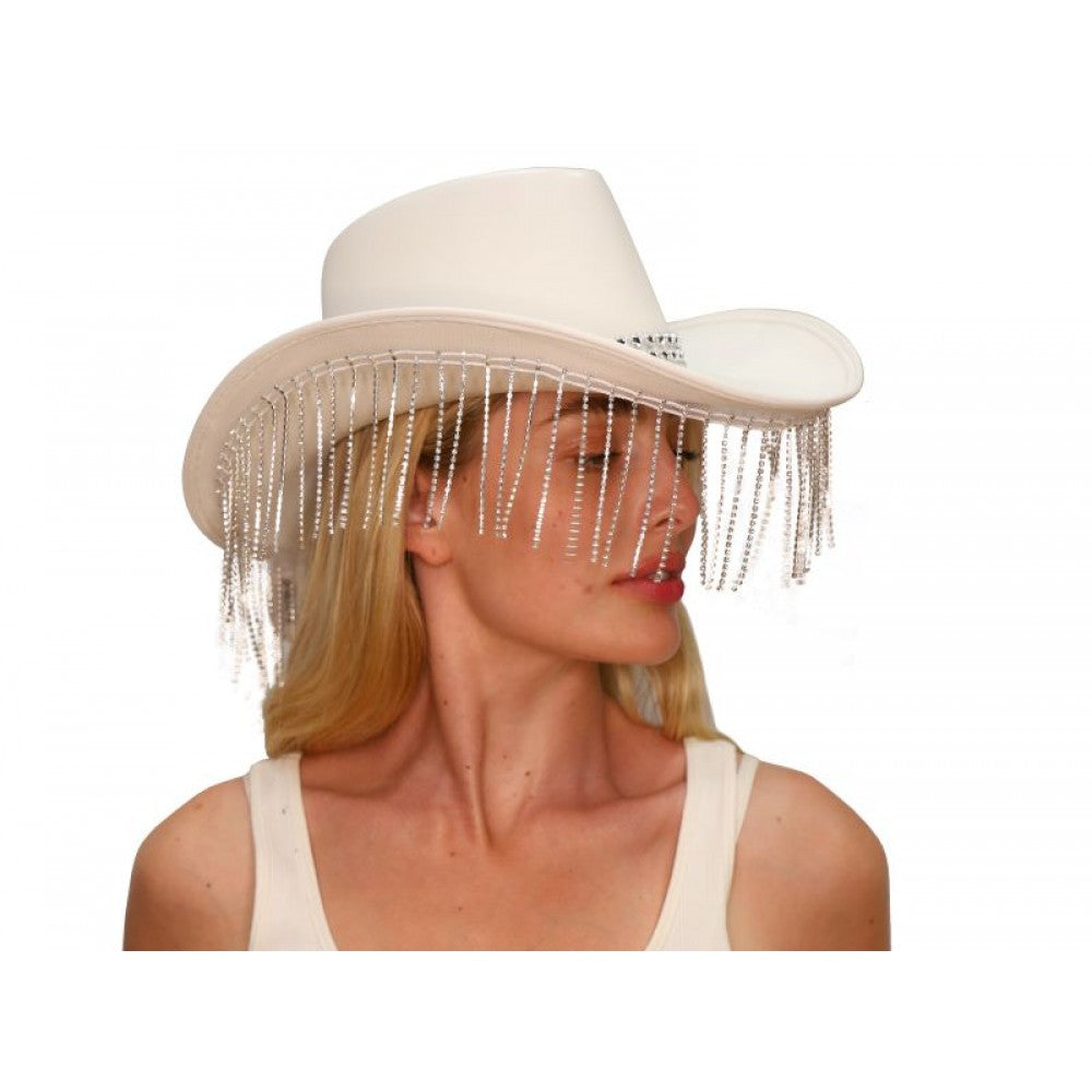 White Leather Cowboy Hat With Dazzled Tassels