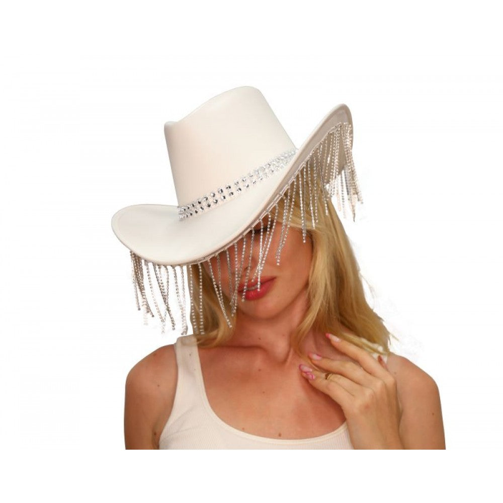 White Leather Cowboy Hat With Dazzled Tassels