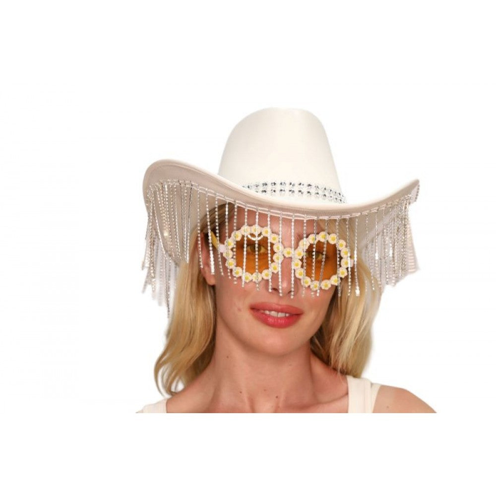 White Leather Cowboy Hat With Dazzled Tassels