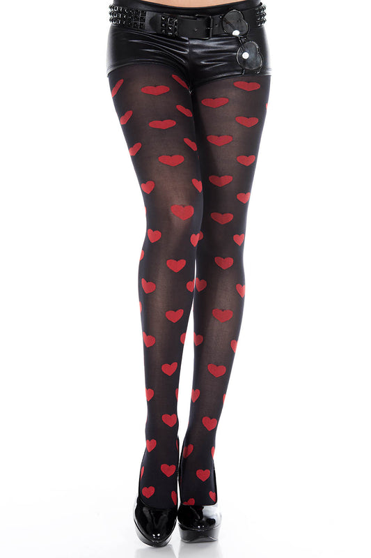 Heart Print Opaque Tights: Black & Red