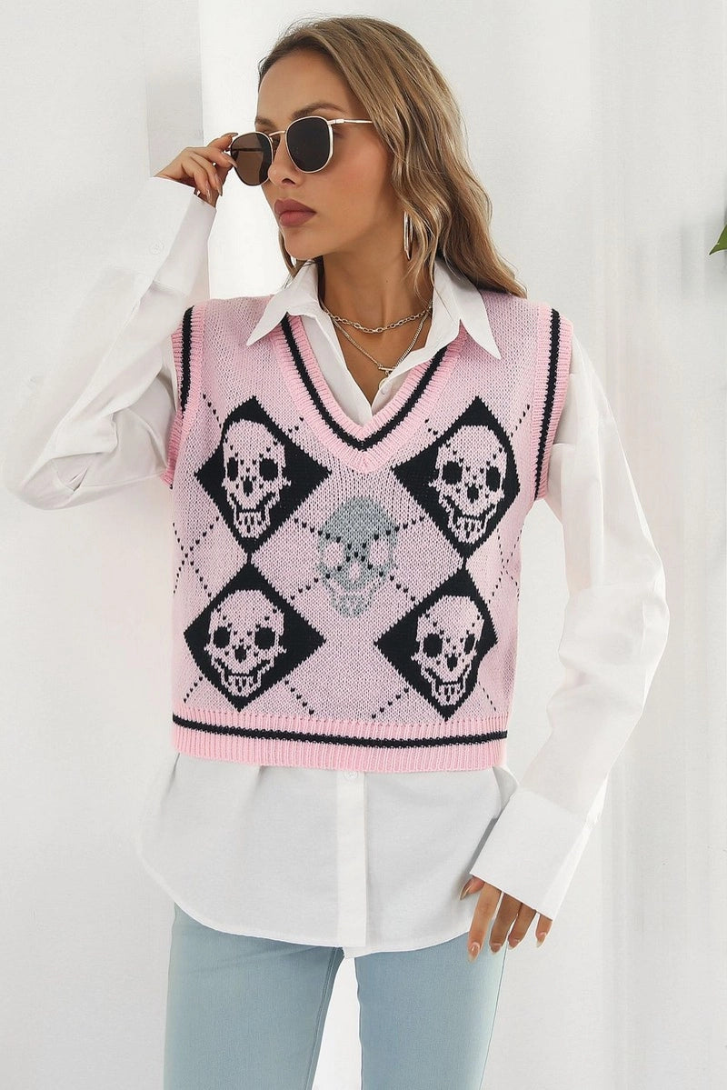 Pink Halloween Skull Jacquard Knit Sweater Vest
