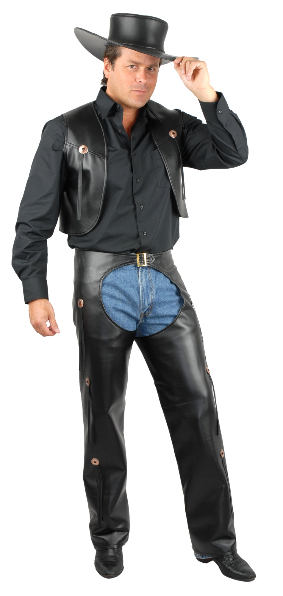 Faux Leather Chaps & Vest (Black)