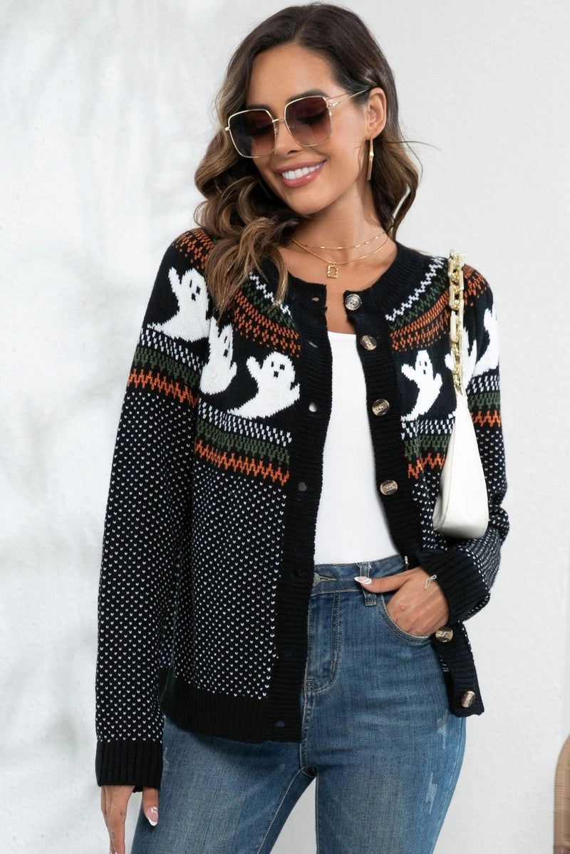 Retro Halloween Polka Dot Ghost Knit Cardigan