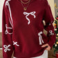 Christmas Bow Jacquard Crew Neck Wine Christmas Sweater