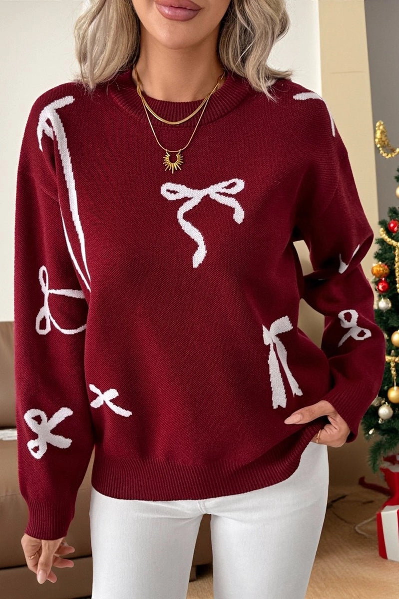 Christmas Bow Jacquard Crew Neck Wine Christmas Sweater