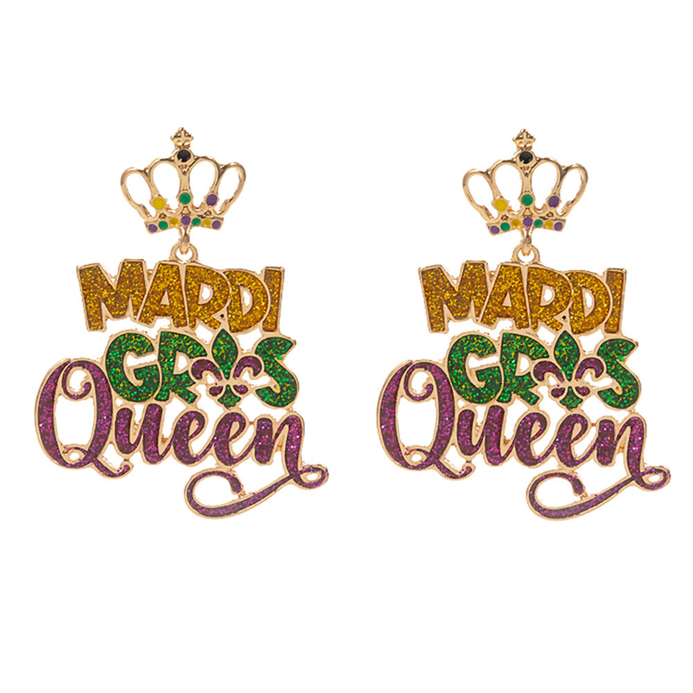 Glittered Enamel Mardi Gras Queen Message Dangle Earrings