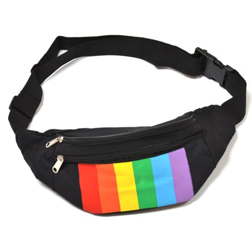 A black fanny pack with a rainbow to represent pride on it.