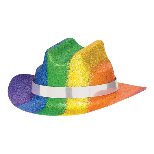 A rainbow cowboy hat with glitter. 