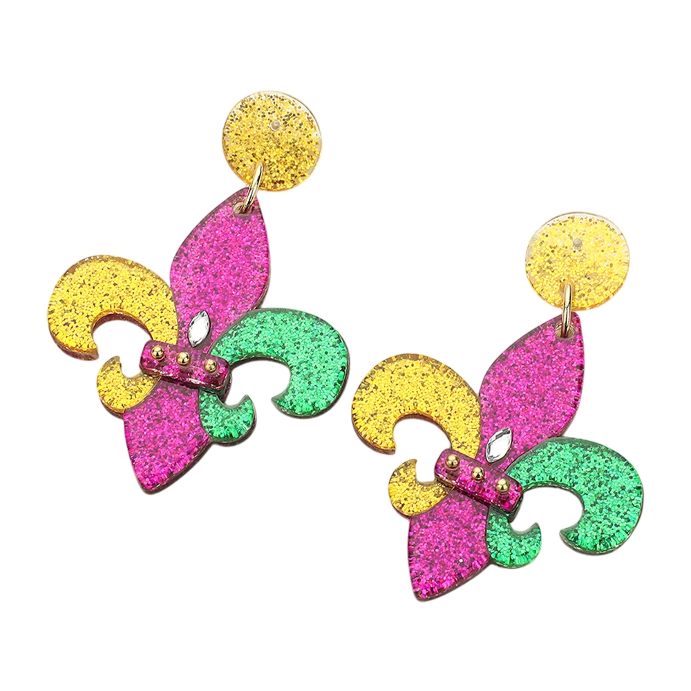 Glittered Resin Mardi Gras Fleur De Lis Dangle Earrings