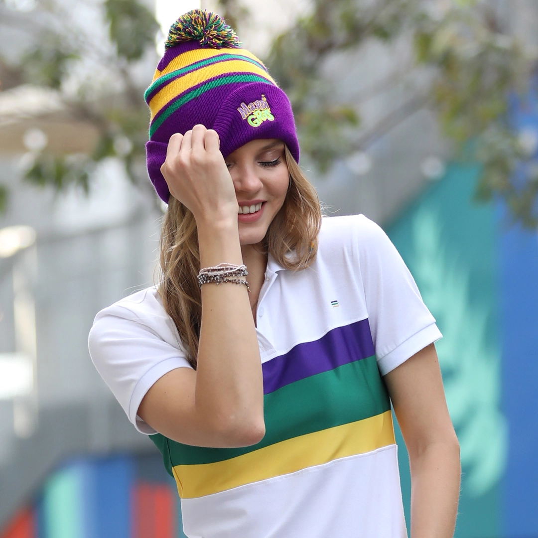 Mardi Gras Pom Pom Beanie w/ Embroidered Emblem