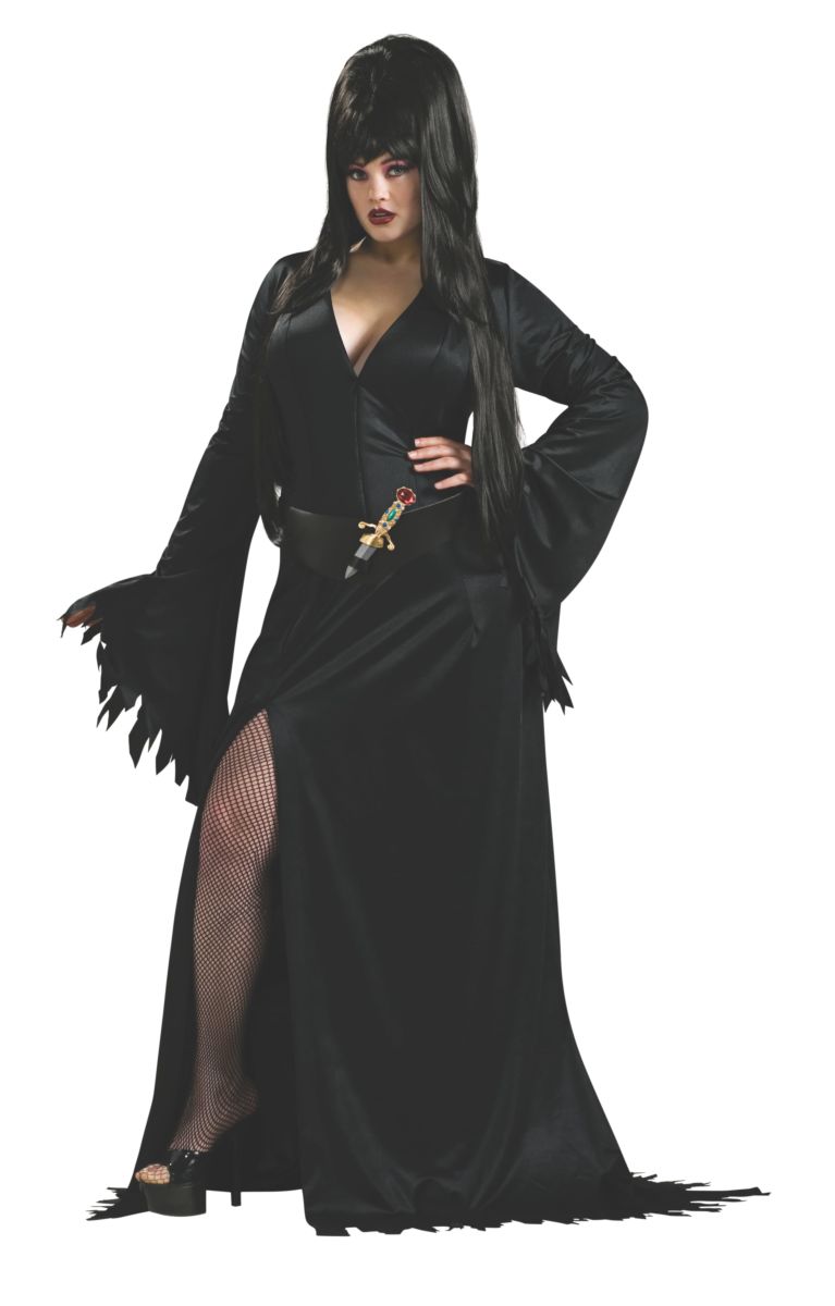 A woman wearing Plus Size Elvira Costume. 