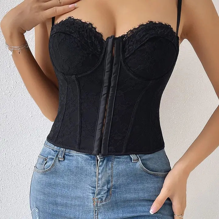 Solid Color Lace Fishbone Low Cut Tank Top