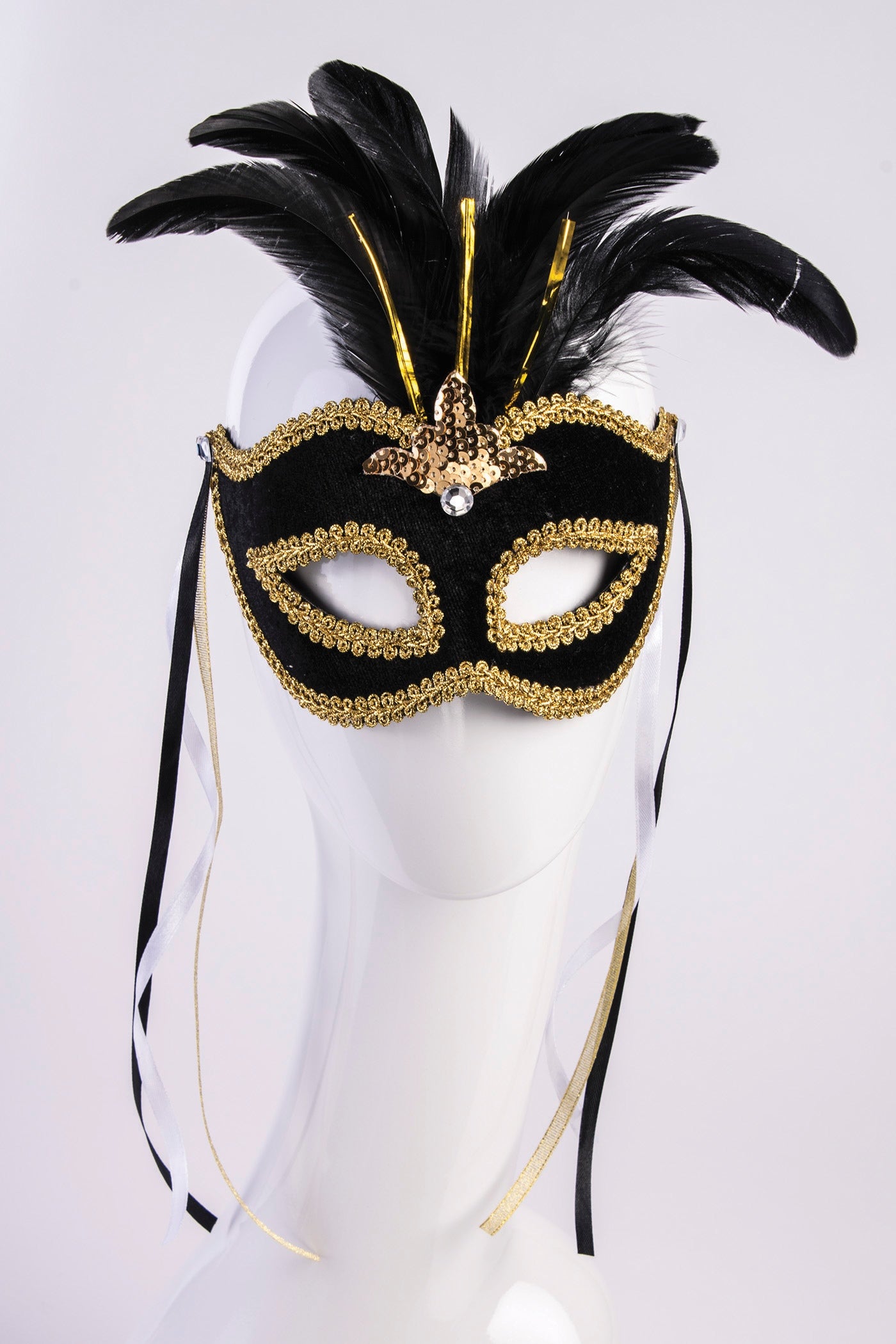 Venetian Mask w/ Feathers and Ribbons - Black