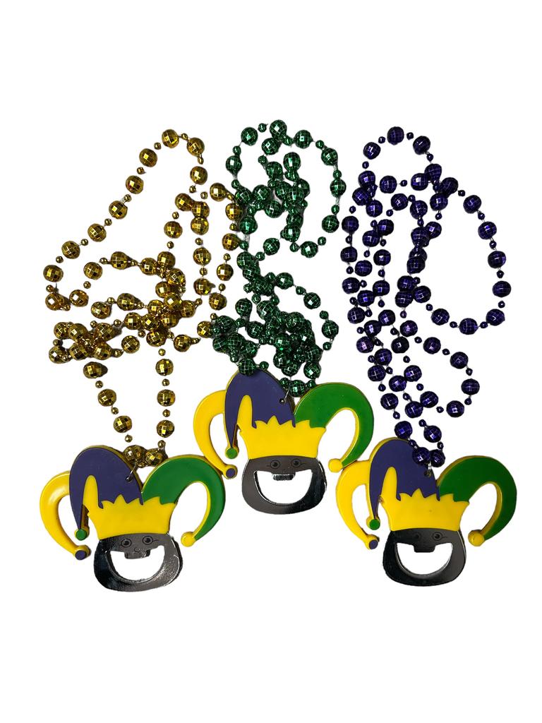 Mardi Gras beads with a Jester bottle opener pendant.