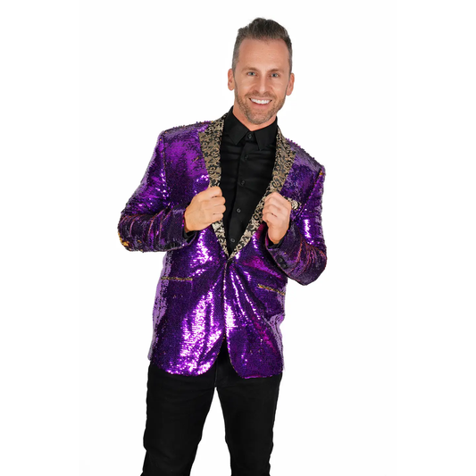 A guy wearing a purple sequin blazer with a black button up. 