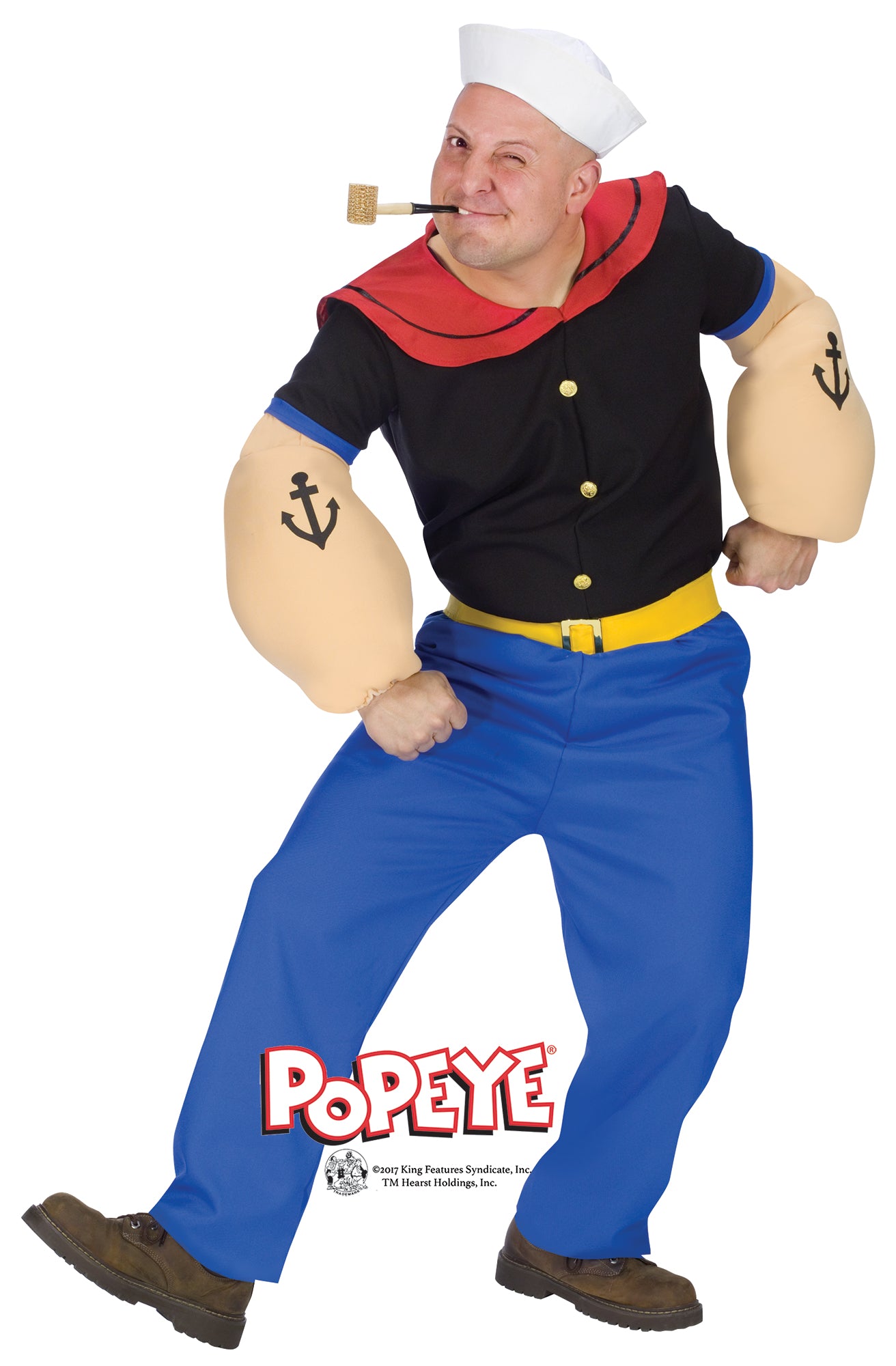 A man wearing a Popeye costume with corncob pipe.