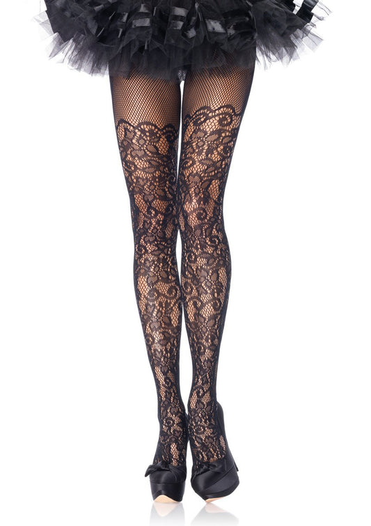 Floral Vine Net Pantyhose - Black