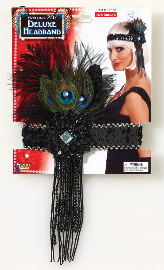 20's Flapper Headband with Peacock Feathers: Black