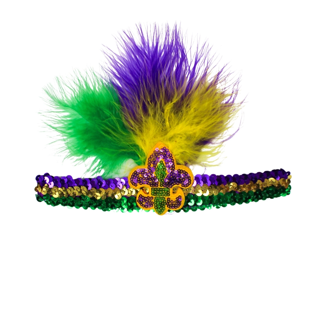 Mardi Gras Sequin Headband with Fleur De Lis and Feathers