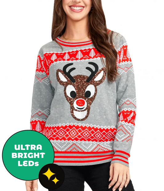 Sequin Rudolph Women's Light Up Ugly Christmas Sweater