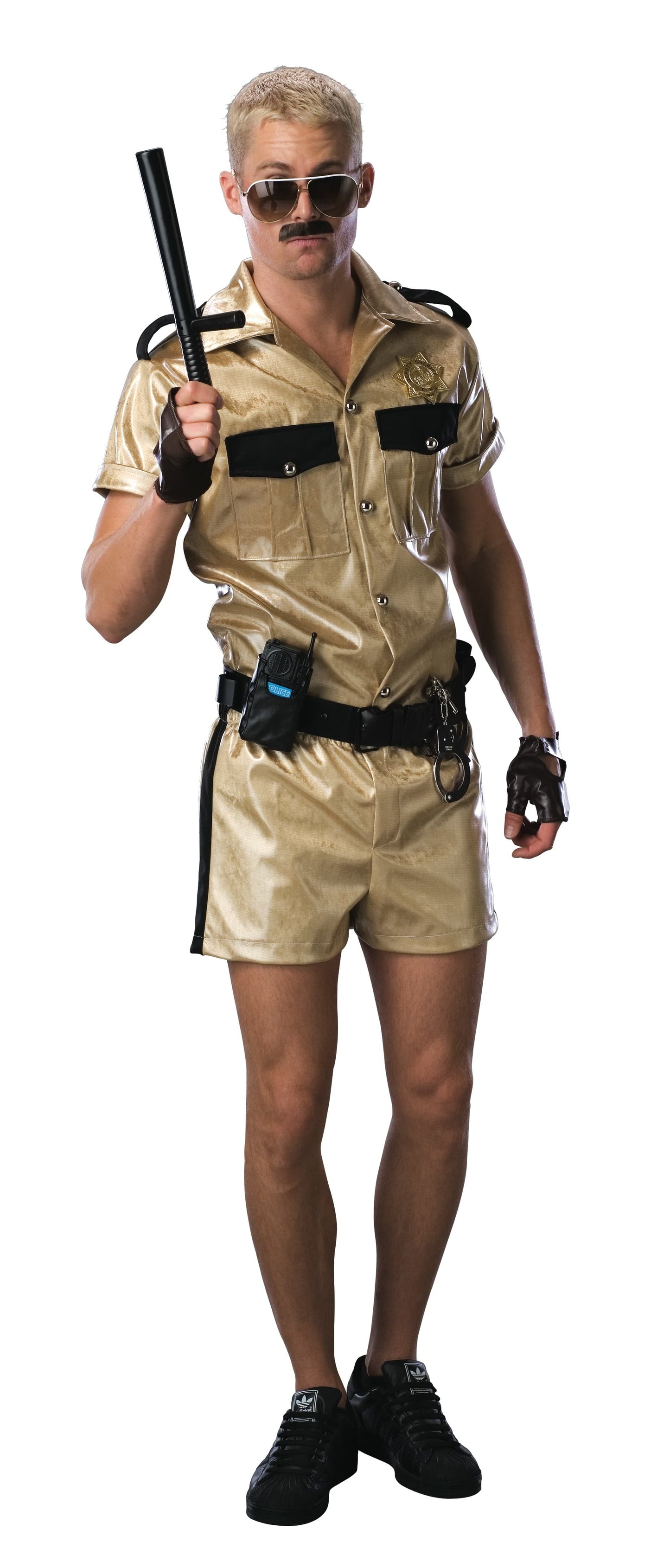 A man wearing a deluxe Lt. Dangle costume from the TV show Reno 911.