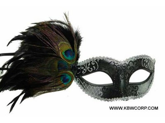 Venetian Eye Mask w/ Peacock Feathers: Black/Silver