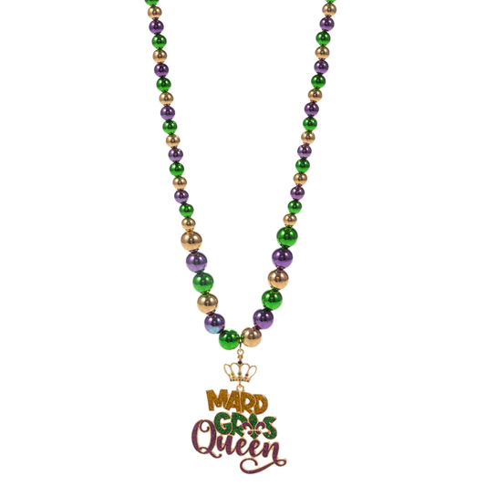 Glittered Enamel Mardi Gras Queen Message Pendant Necklace