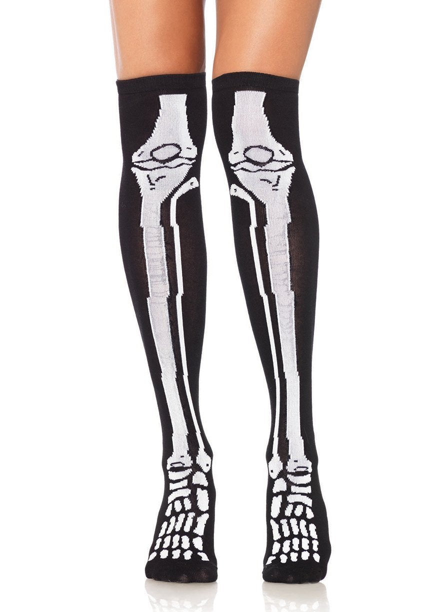 Skeleton Over The Knee Socks - Black/White