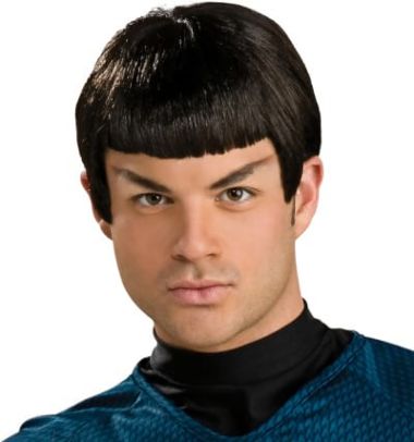 A man wearing a Commander Spock Wig for his Star Trek costume. 