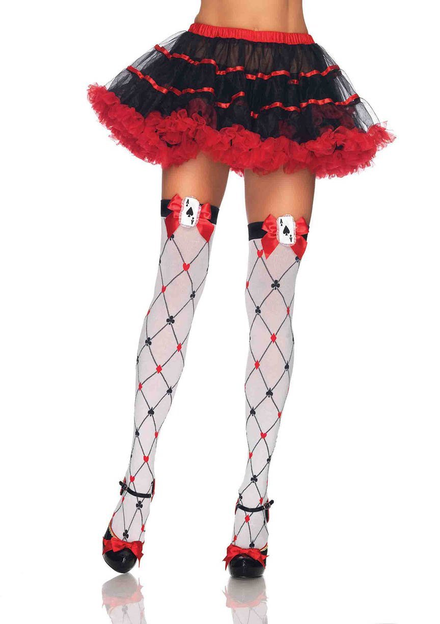 Card Charm Thigh Highs - White/Red/Black