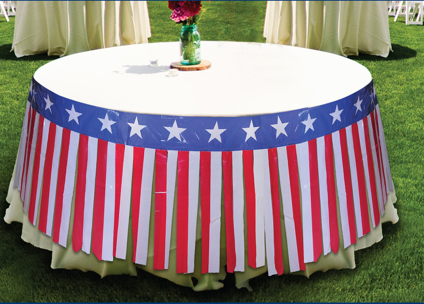 Patriotic Table Fringe Skirt: Red/White/Blue