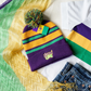 Mardi Gras Pom Pom Beanie w/ Embroidered Emblem