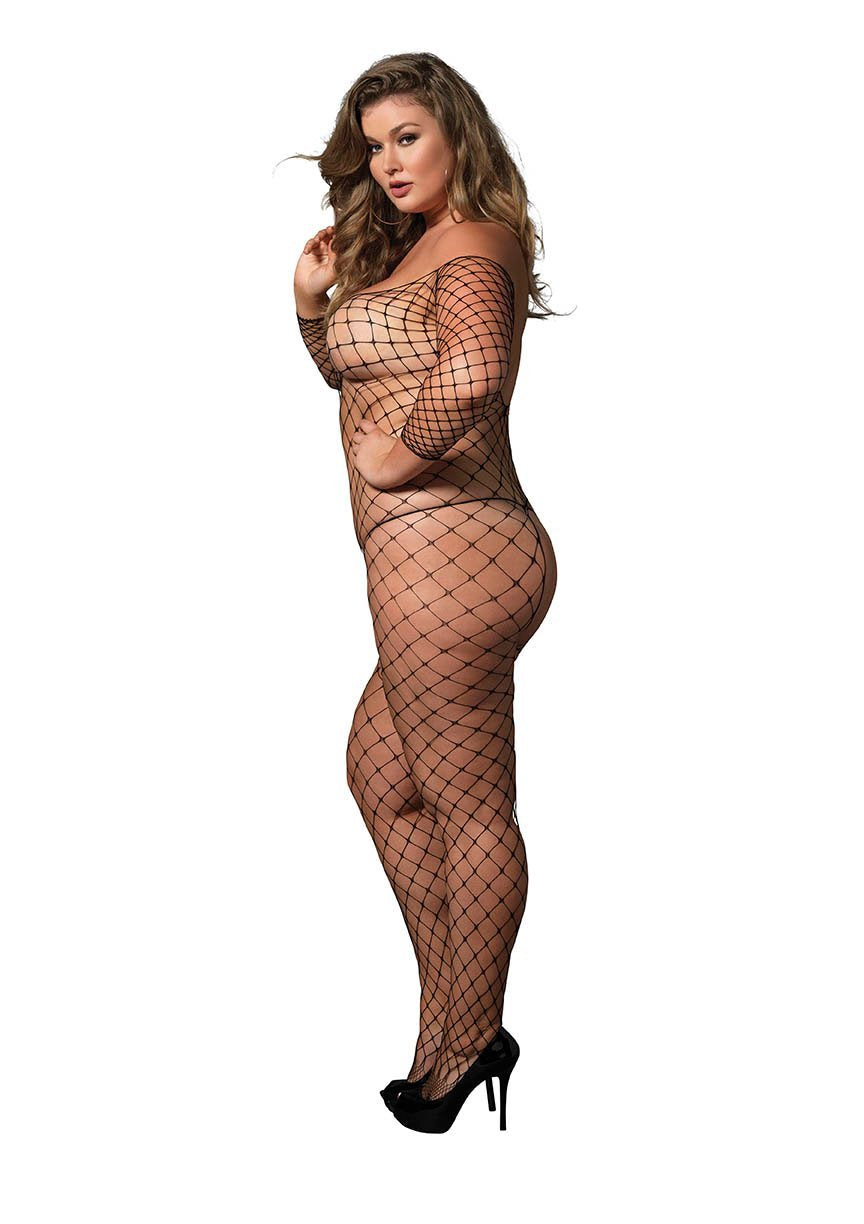 Wide Fishnet Bodystocking: Black - Plus