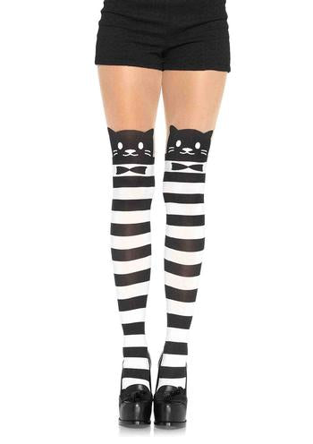 Spandex Fancy Cat Striped Pantyhose - Black/White